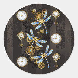 Steampunk Dragonflies op bruine gestreepte achterg Ronde Sticker