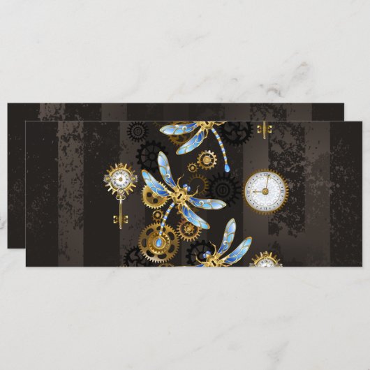 Steampunk Dragonflies op bruine gestreepte achterg Save The Date (Voorkant / Achterkant)