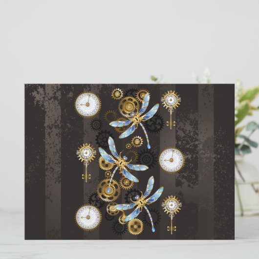 Steampunk Dragonflies op bruine gestreepte achterg Save The Date (Staand voorkant)
