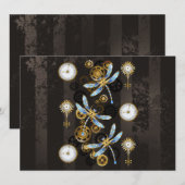 Steampunk Dragonflies op bruine gestreepte achterg Save The Date (Voorkant / Achterkant)