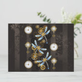 Steampunk Dragonflies op bruine gestreepte achterg Save The Date (Staand voorkant)