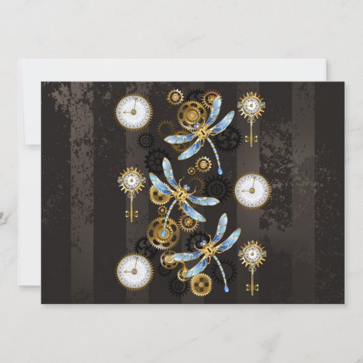 Steampunk Dragonflies op bruine gestreepte achterg Save The Date (Voorkant)
