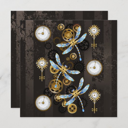 Steampunk Dragonflies op bruine gestreepte achterg Save The Date (Voorkant / Achterkant)