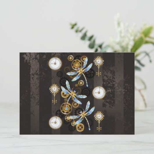 Steampunk Dragonflies op bruine gestreepte achterg Save The Date (Staand voorkant)