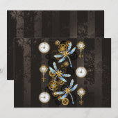 Steampunk Dragonflies op bruine gestreepte achterg Save The Date (Voorkant / Achterkant)