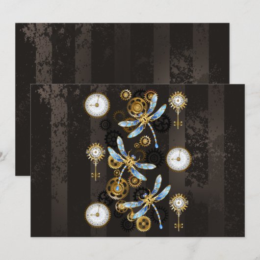 Steampunk Dragonflies op bruine gestreepte achterg Save The Date (Voorkant / Achterkant)