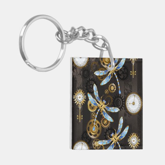 Steampunk Dragonflies op bruine gestreepte achterg Sleutelhanger (Voorkant Links)