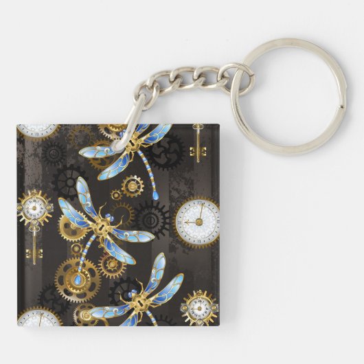 Steampunk Dragonflies op bruine gestreepte achterg Sleutelhanger (Achterkant)