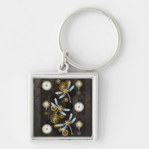 Steampunk Dragonflies op bruine gestreepte achterg Sleutelhanger