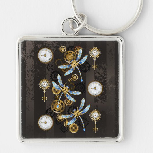 Steampunk Dragonflies op bruine gestreepte achterg Sleutelhanger (Voorkant)