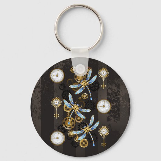 Steampunk Dragonflies op bruine gestreepte achterg Sleutelhanger (Voorkant)