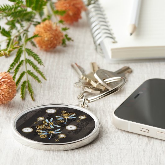 Steampunk Dragonflies op bruine gestreepte achterg Sleutelhanger (Zijkant)