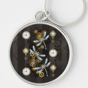 Steampunk Dragonflies op bruine gestreepte achterg Sleutelhanger