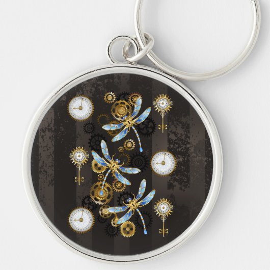 Steampunk Dragonflies op bruine gestreepte achterg Sleutelhanger (Voorkant)