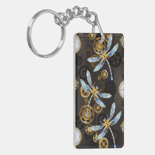 Steampunk Dragonflies op bruine gestreepte achterg Sleutelhanger (Voorkant Links)