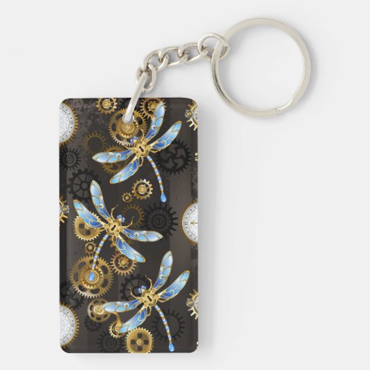 Steampunk Dragonflies op bruine gestreepte achterg Sleutelhanger (achterkant)
