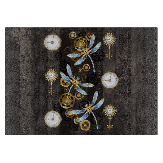 Steampunk Dragonflies op bruine gestreepte achterg Snijplank (Voorkant)