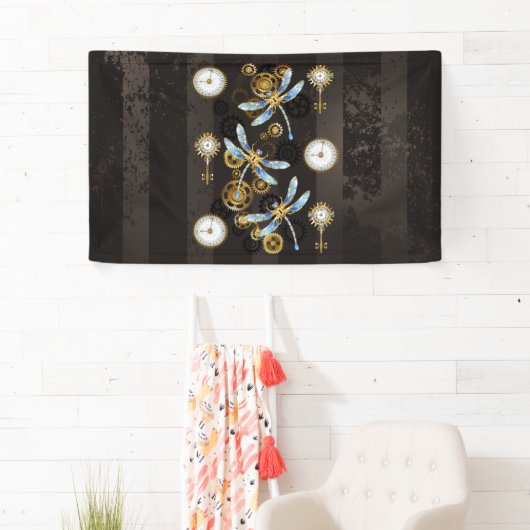 Steampunk Dragonflies op bruine gestreepte achterg Spandoek (Insitu)