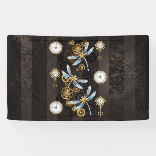 Steampunk Dragonflies op bruine gestreepte achterg Spandoek (Horizontaal)