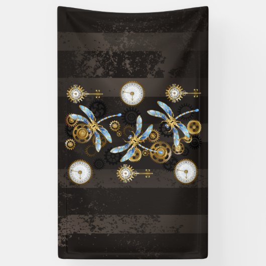 Steampunk Dragonflies op bruine gestreepte achterg Spandoek (Verticaal)