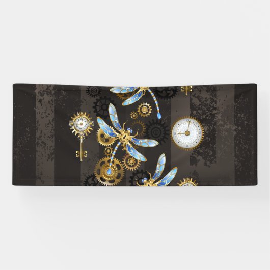 Steampunk Dragonflies op bruine gestreepte achterg Spandoek (Horizontaal)