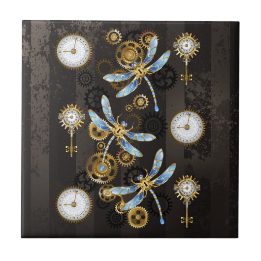 Steampunk Dragonflies op bruine gestreepte achterg Tegeltje (Voorkant)