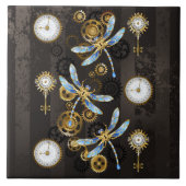 Steampunk Dragonflies op bruine gestreepte achterg Tegeltje (Voorkant)