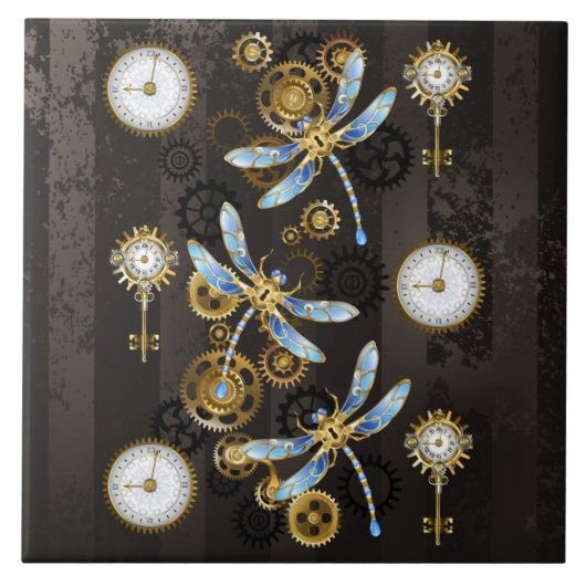 Steampunk Dragonflies op bruine gestreepte achterg Tegeltje (Voorkant)