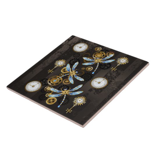 Steampunk Dragonflies op bruine gestreepte achterg Tegeltje (Zijkant)