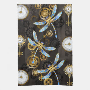 Steampunk Dragonflies op bruine gestreepte achterg Theedoek