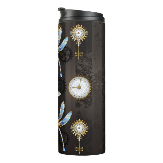 Steampunk Dragonflies op bruine gestreepte achterg Thermosbeker (Geroteerd rechts)