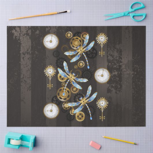 Steampunk Dragonflies op bruine gestreepte achterg Tissuepapier (Craft)