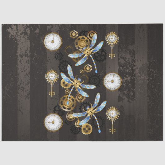 Steampunk Dragonflies op bruine gestreepte achterg Tissuepapier (Voorkant)