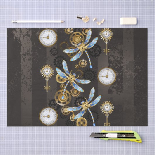 Steampunk Dragonflies op bruine gestreepte achterg Tissuepapier (Craft)