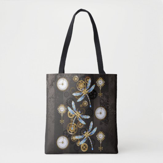 Steampunk Dragonflies op bruine gestreepte achterg Tote Bag (Voorkant)