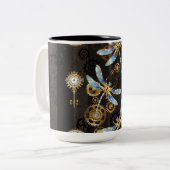 Steampunk Dragonflies op bruine gestreepte achterg Tweekleurige Koffiemok (Voorkant links)