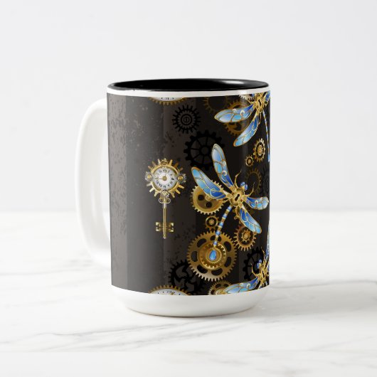 Steampunk Dragonflies op bruine gestreepte achterg Tweekleurige Koffiemok (Voorkant links)