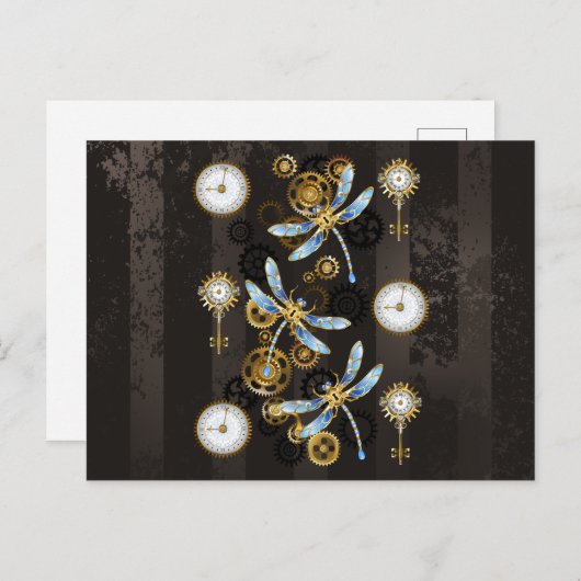 Steampunk Dragonflies op bruine gestreepte achterg Uitnodiging Briefkaart (Voorkant / Achterkant)