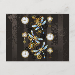 Steampunk Dragonflies op bruine gestreepte achterg Uitnodiging Briefkaart