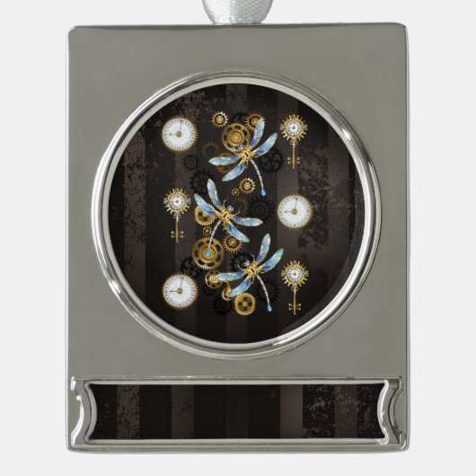 Steampunk Dragonflies op bruine gestreepte achterg Verzilverd Banner Ornament (Voorkant)