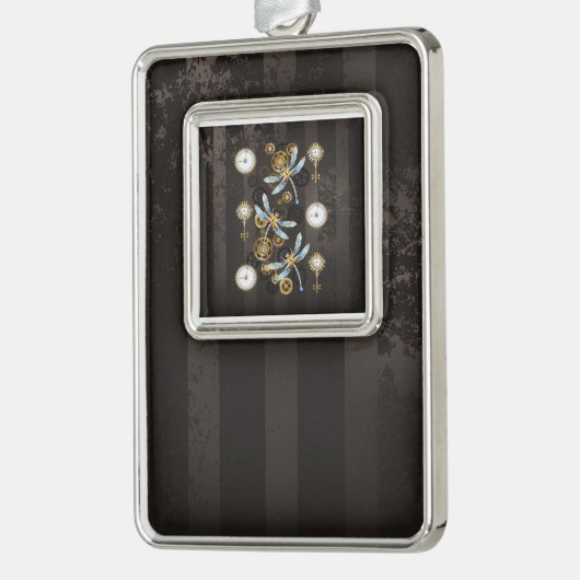 Steampunk Dragonflies op bruine gestreepte achterg Verzilverd Omlijst Ornament (Links)