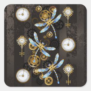 Steampunk Dragonflies op bruine gestreepte achterg Vierkante Sticker