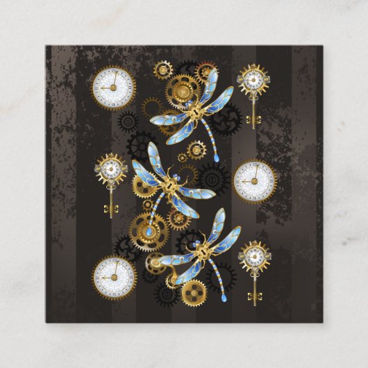 Steampunk Dragonflies op bruine gestreepte achterg Vierkante Visitekaartje (Voorkant)
