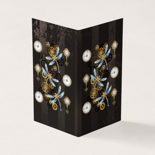 Steampunk Dragonflies op bruine gestreepte achterg Visitekaartje (Buitenkant)