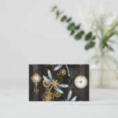 Steampunk Dragonflies op bruine gestreepte achterg Visitekaartje (Staand voorkant)