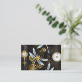 Steampunk Dragonflies op bruine gestreepte achterg Visitekaartje (Staand voorkant)