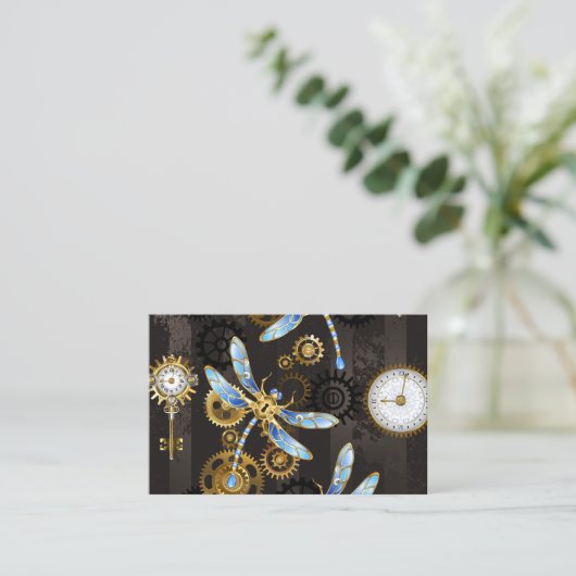 Steampunk Dragonflies op bruine gestreepte achterg Visitekaartje (Staand voorkant)