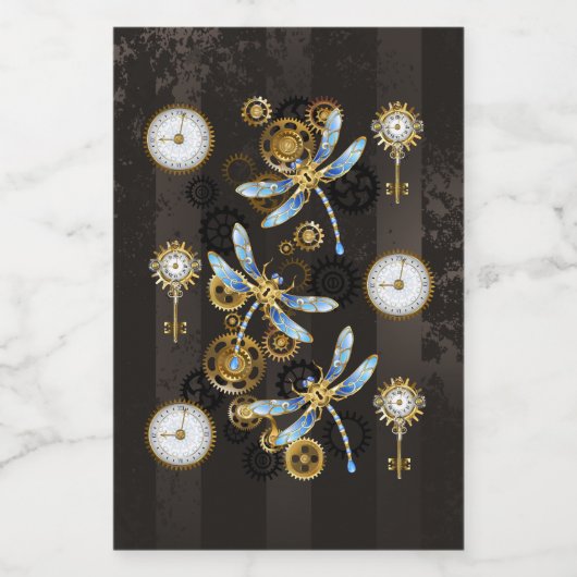 Steampunk Dragonflies op bruine gestreepte achterg Voedselcontainer Etiket (Enkel label)