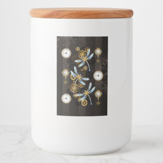 Steampunk Dragonflies op bruine gestreepte achterg Voedselcontainer Etiket (Voorkant)