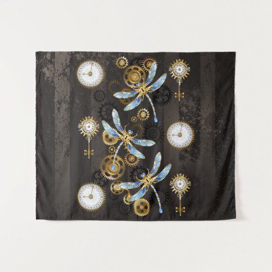 Steampunk Dragonflies op bruine gestreepte achterg Wandkleed (Voorkant (horizontaal))